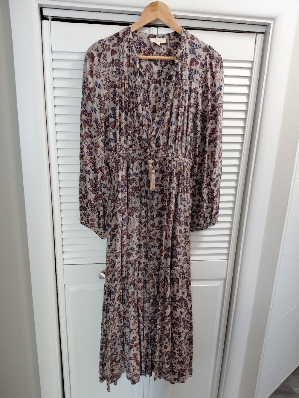 Elan Blue Brown Midi Button Down Dress With Tassel Tie Boho Fall